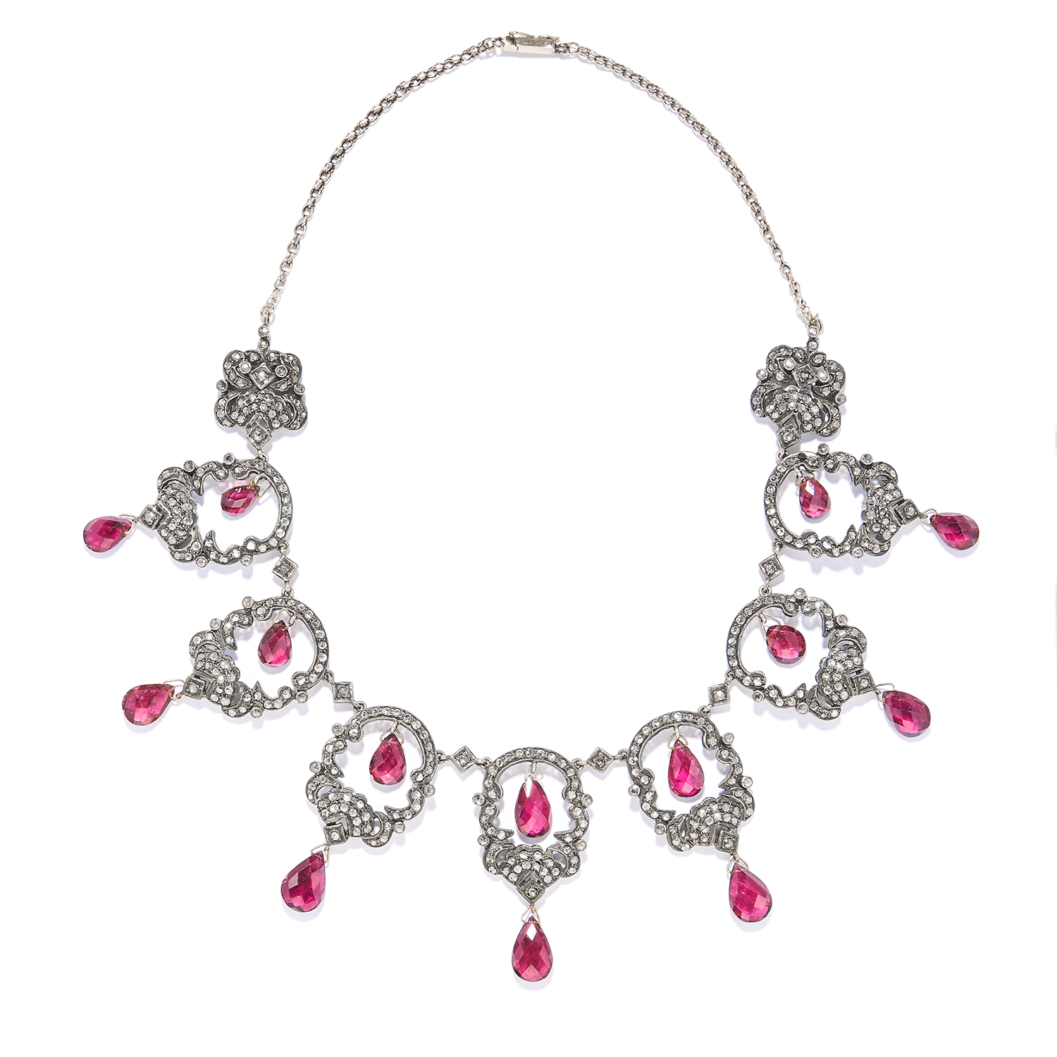 AN ANTIQUE TOURMALINE AND DIAMOND NECKLACE, 19TH CENTURY in yellow gold and silver, openwork