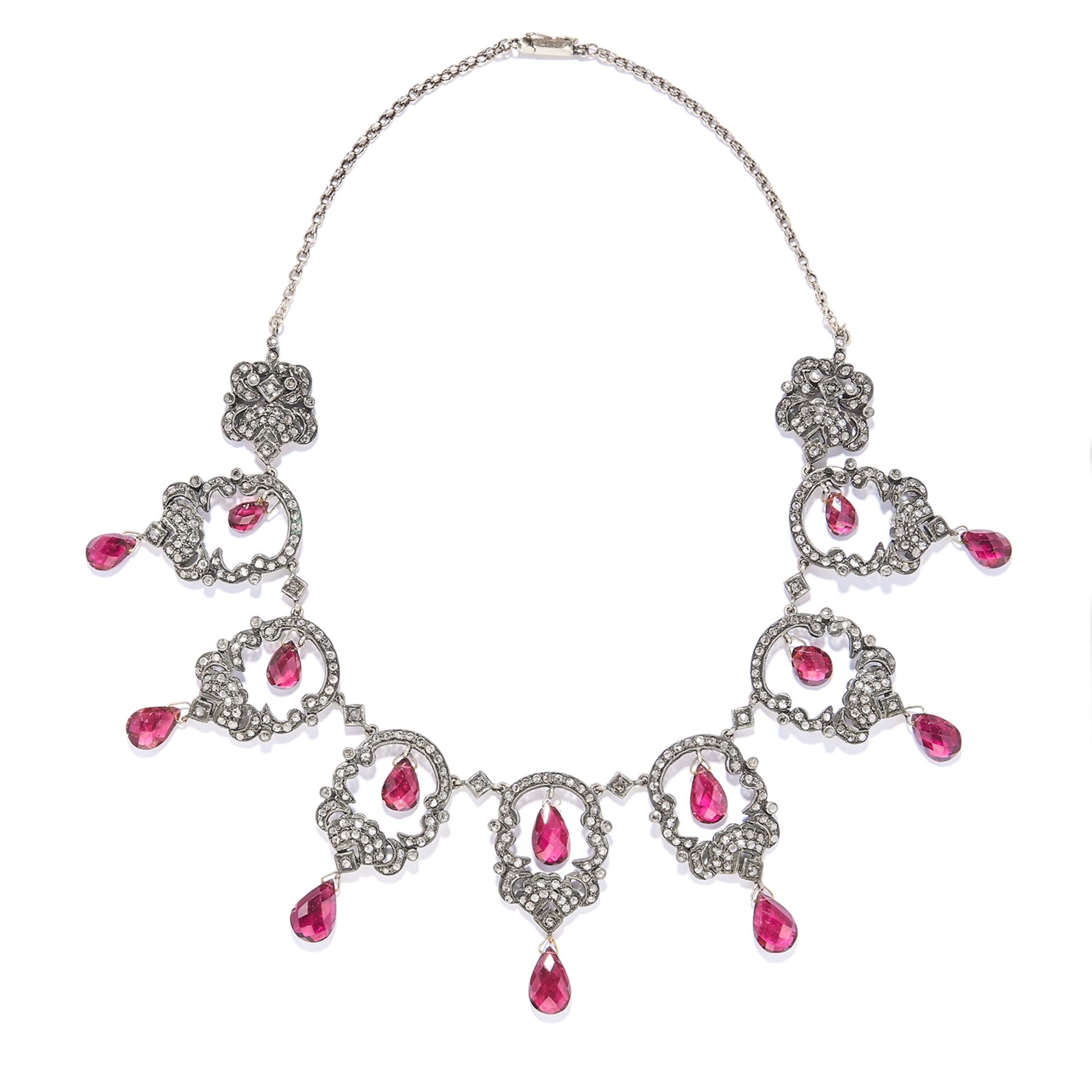 AN ANTIQUE TOURMALINE AND DIAMOND NECKLACE, 19TH CENTURY in yellow gold and silver, openwork