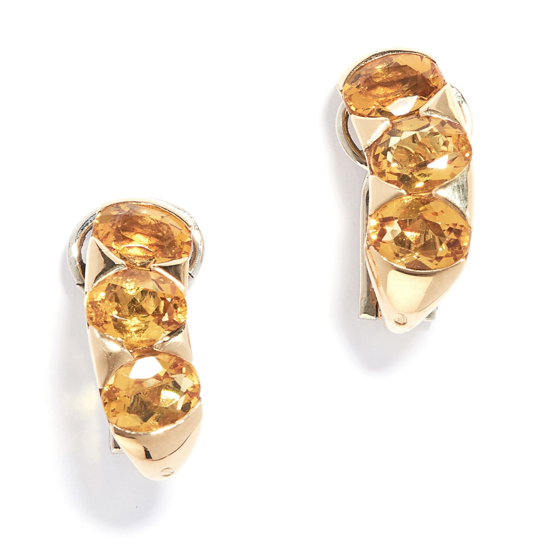 PAIR OF CITRINE CLIP EARRINGS, BULGARI in 18ct yellow gold, the hoop design set with a trio of