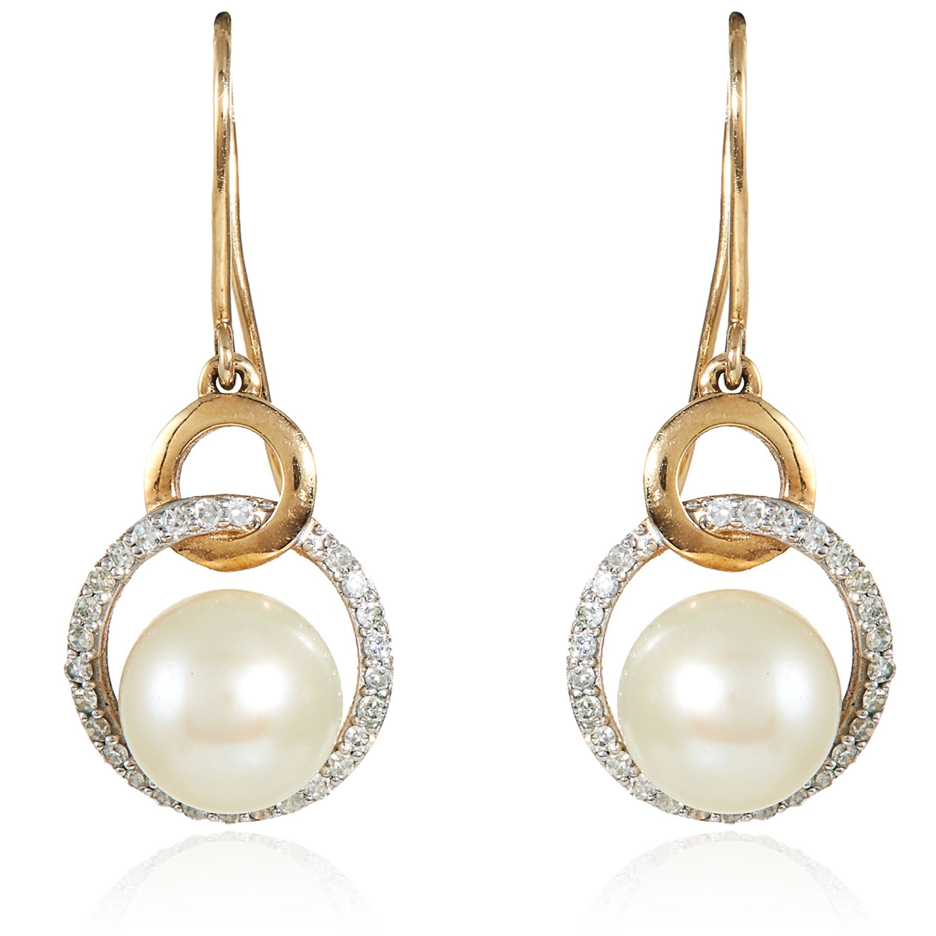 A PAIR OF PEARL AND DIAMOND EARRINGS in high carat yellow gold, each set with a pearl of 6.5mm