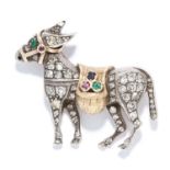 ANTIQUE GEMSET DONKEY BROOCH in yellow gold and silver, depicting a donkey set with old cut diamonds