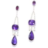 ANTIQUE AMETHYST AND PEARL EARRINGS in 18ct yellow gold, each comprising of an oval, cushion and