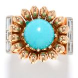 VINTAGE TURQUOISE AND DIAMOND DRESS RING in yellow gold, set with a cabochon turquoise and six