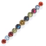 GEM SET BAR BROOCH in yellow gold, comprising a row of eleven round cut gemstones of various