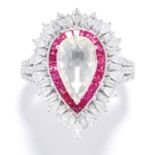 DIAMOND AND RUBY DRESS RING in 18ct white gold, set with a rose cut diamond of approximately 1.55