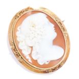 ANTIQUE CARVED CAMEO BROOCH in high carat yellow gold, depicting a lady in gold border, unmarked,