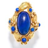 LAPIS LAZULI DRESS RING in 18ct yellow gold, set with cabochon lapis lazuli in abstract design,