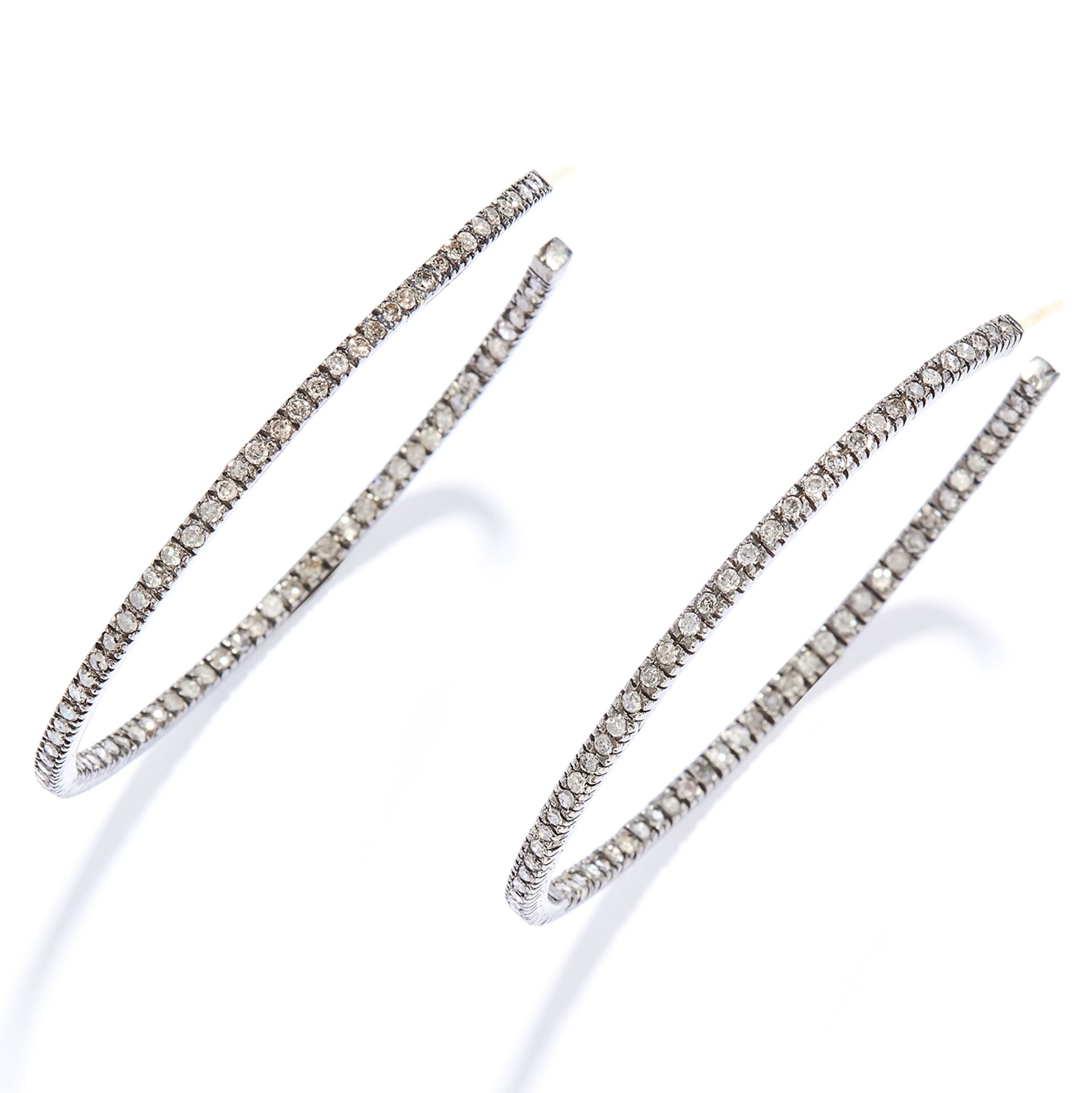 DIAMOND HOOP EARRINGS in white metal, set with round cut diamonds, unmarked, 5cm, 9.3g.
