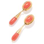 ANTIQUE CORAL EARRINGS in 18ct yellow, each formed of a polished cabochon coral suspending a