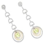 PERIDOT, PEARL AND DIAMOND EARRINGS in 18ct white gold or platinum, each set with round cut diamonds