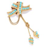 ANTIQUE TURQUOISE HAIRWORK MORNING BROOCH, 19TH CENTURY in high carat yellow gold, designed as a bow