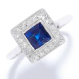 ART DECO SAPPHIRE AND DIAMOND RING in 18ct white gold and platinum, the square cut sapphire within a