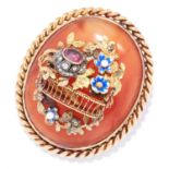 ANTIQUE GEMSET AND ENAMEL CARNELIAN BROOCH in high carat yellow gold, comprising of a large cabochon