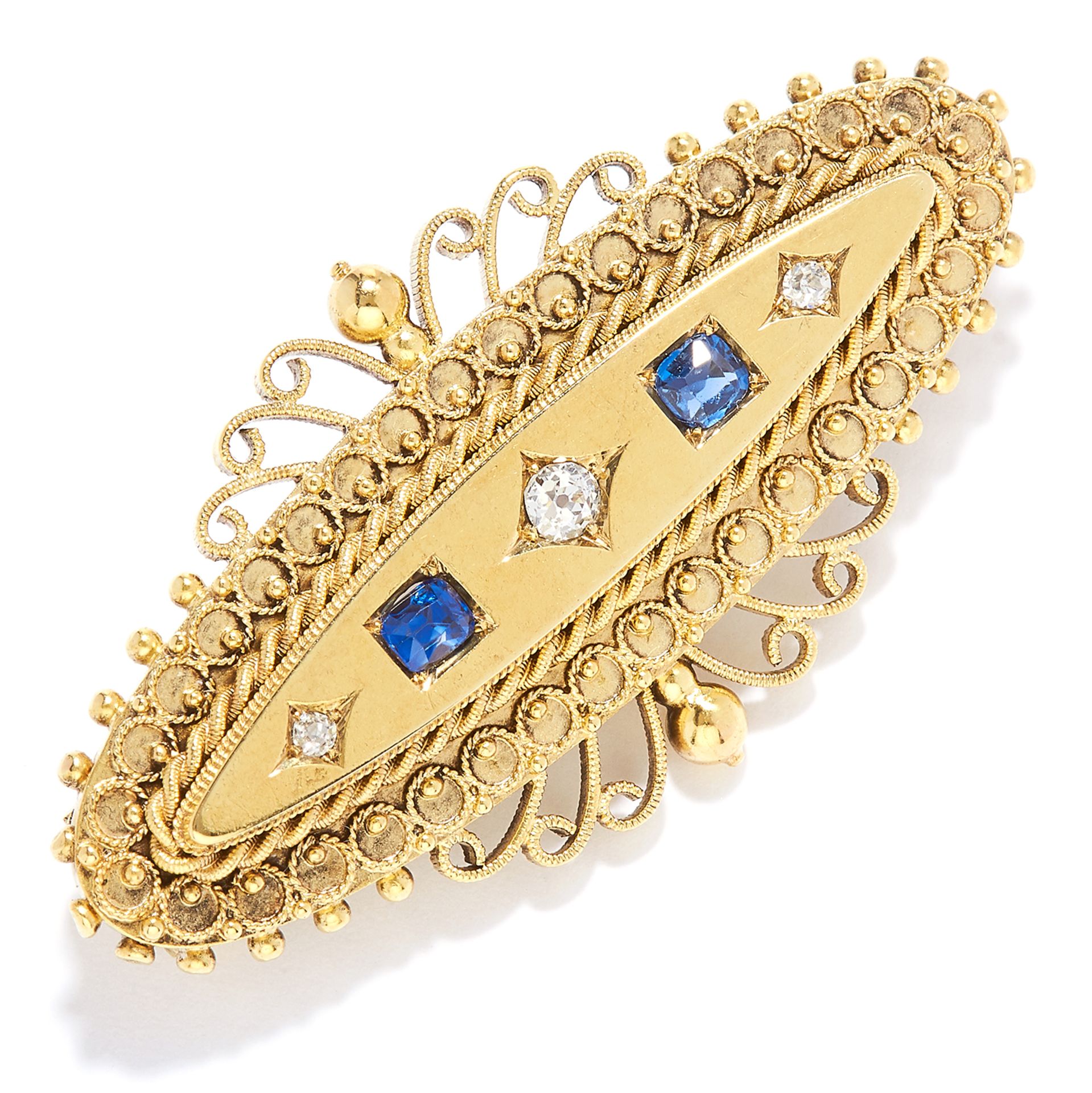 ANTIQUE SAPPHIRE AND DIAMOND BROOCH in high carat yellow gold, set with alternating old cut diamonds