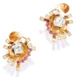 RETRO RUBY, DIAMOND AND AQUAMARINE EARRINGS in 18ct yellow gold, in Retro design, each set with an