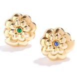 VINTAGE EMERALD AND SAPPHIRE EARRINGS in 18ct yellow gold, in floral motif, one set with a