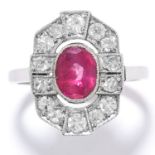 ART DECO RUBY AND DIAMOND RING in 18ct white gold, set with an oval cut ruby of approximately 0.68
