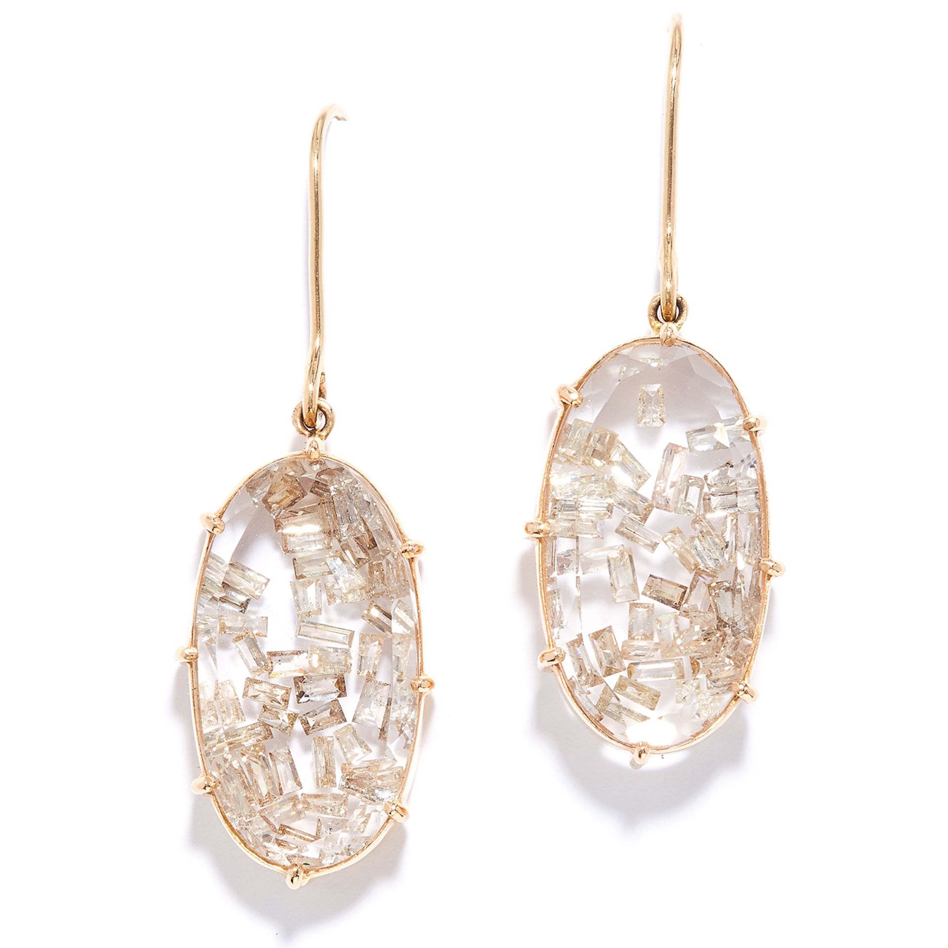 DIAMOND AND ROCK CRYSTAL EARRINGS in yellow gold, comprising of two polished rock crystal pieces