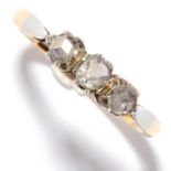 ANTIQUE DIAMOND THREE STONE RING in yellow gold, set with three rose cut diamonds, unmarked, size