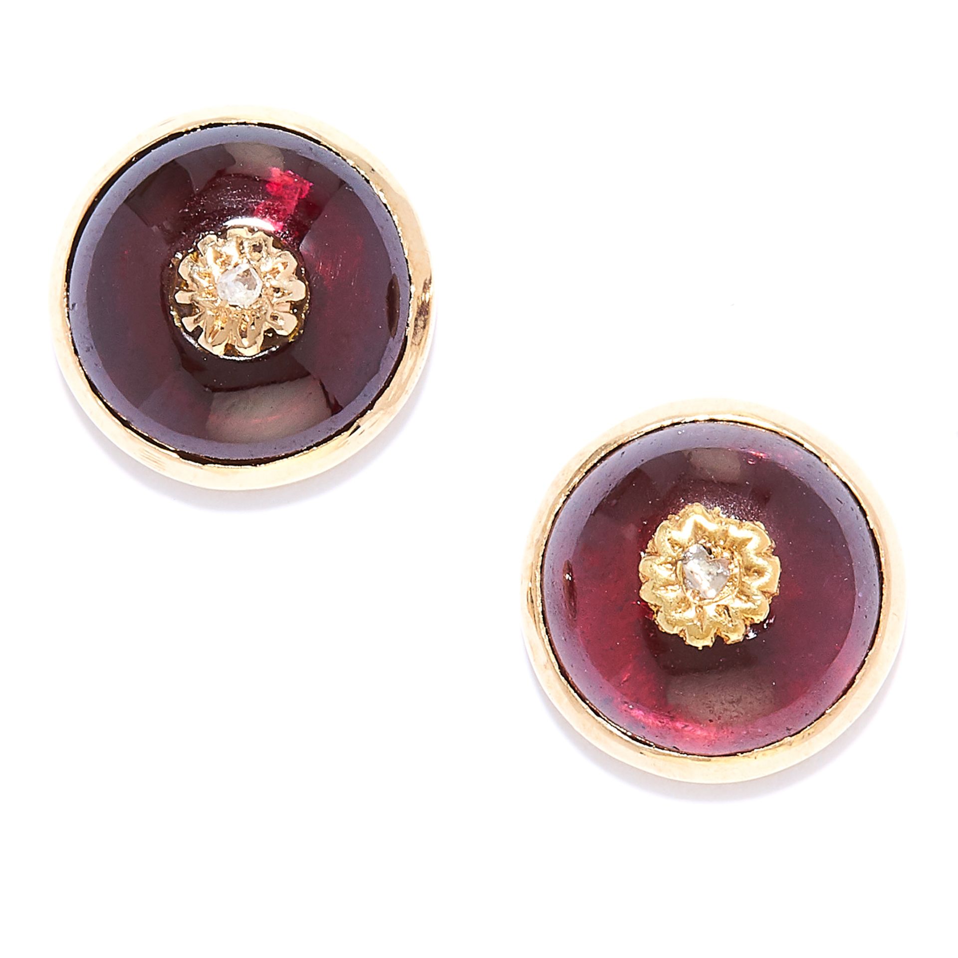 ANTIQUE GARNET AND DIAMOND EARRINGS in high carat yellow gold, each set with a cabochon garnet and