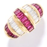 VINTAGE RUBY AND DIAMOND DRESS RING in 18ct yellow gold, set with alternating rows of baguette cut