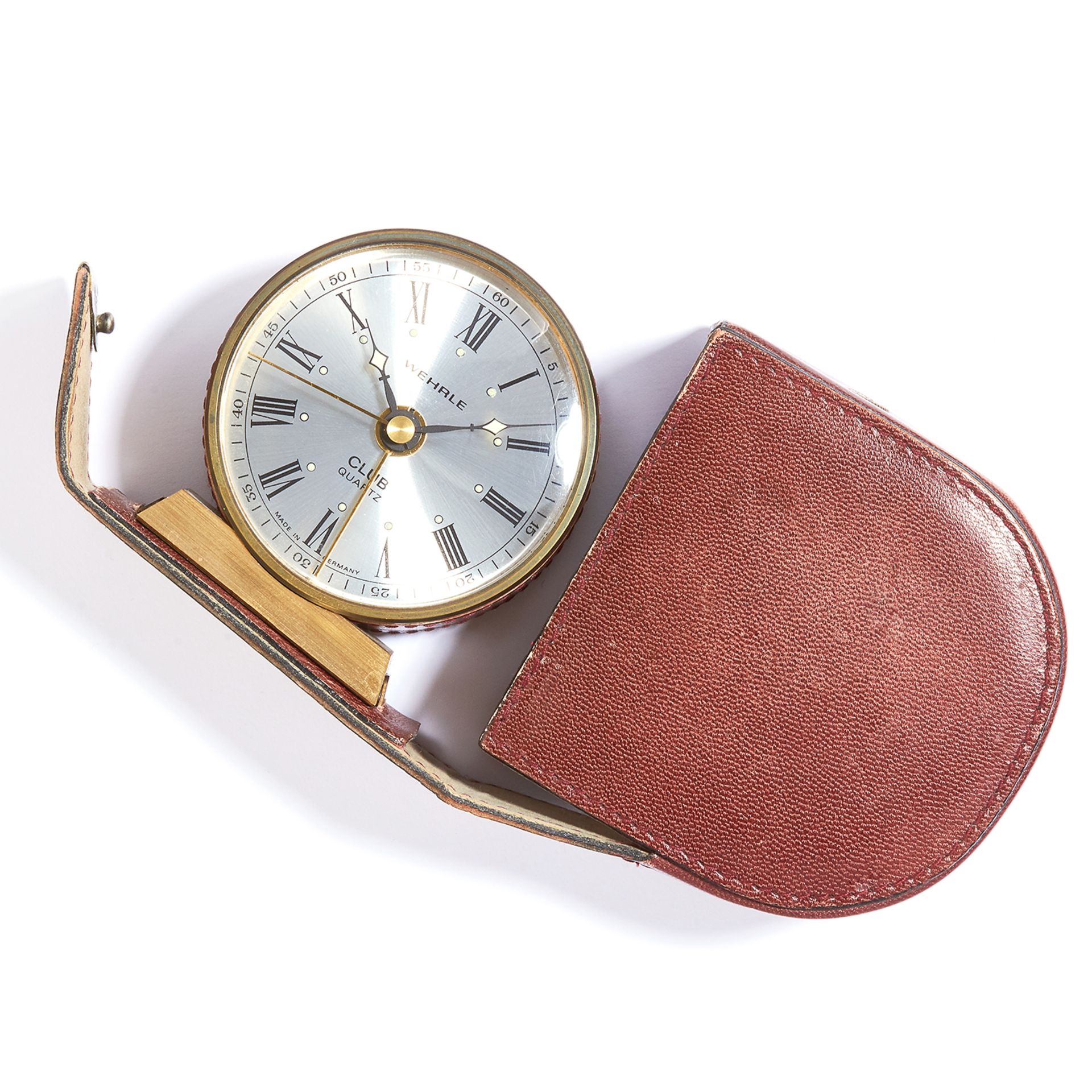 ALARM CLOCK, WEHRLE with quartz movement, in brown leather case, 235.3g. - Bild 2 aus 2
