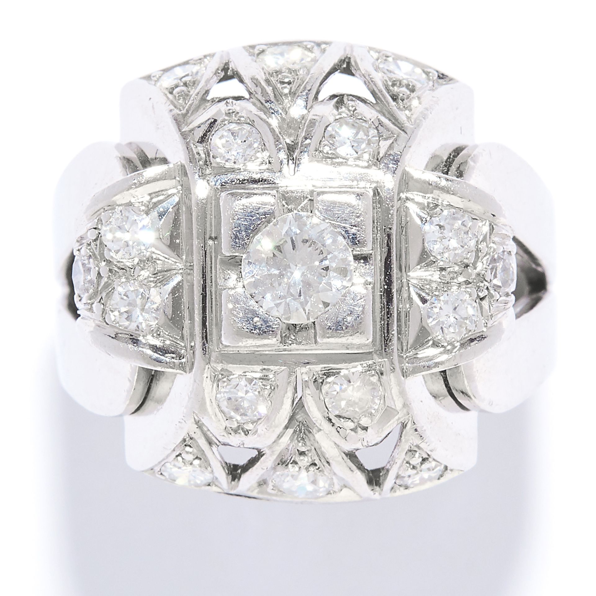 VINTAGE DIAMOND COCKTAIL RING in white gold or platinum, set with round cut diamonds in vintage