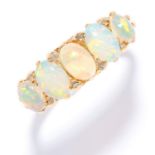 ANTIQUE OPAL AND DIAMOND RING in 18ct yellow gold, set with five cabochon opals punctuated by