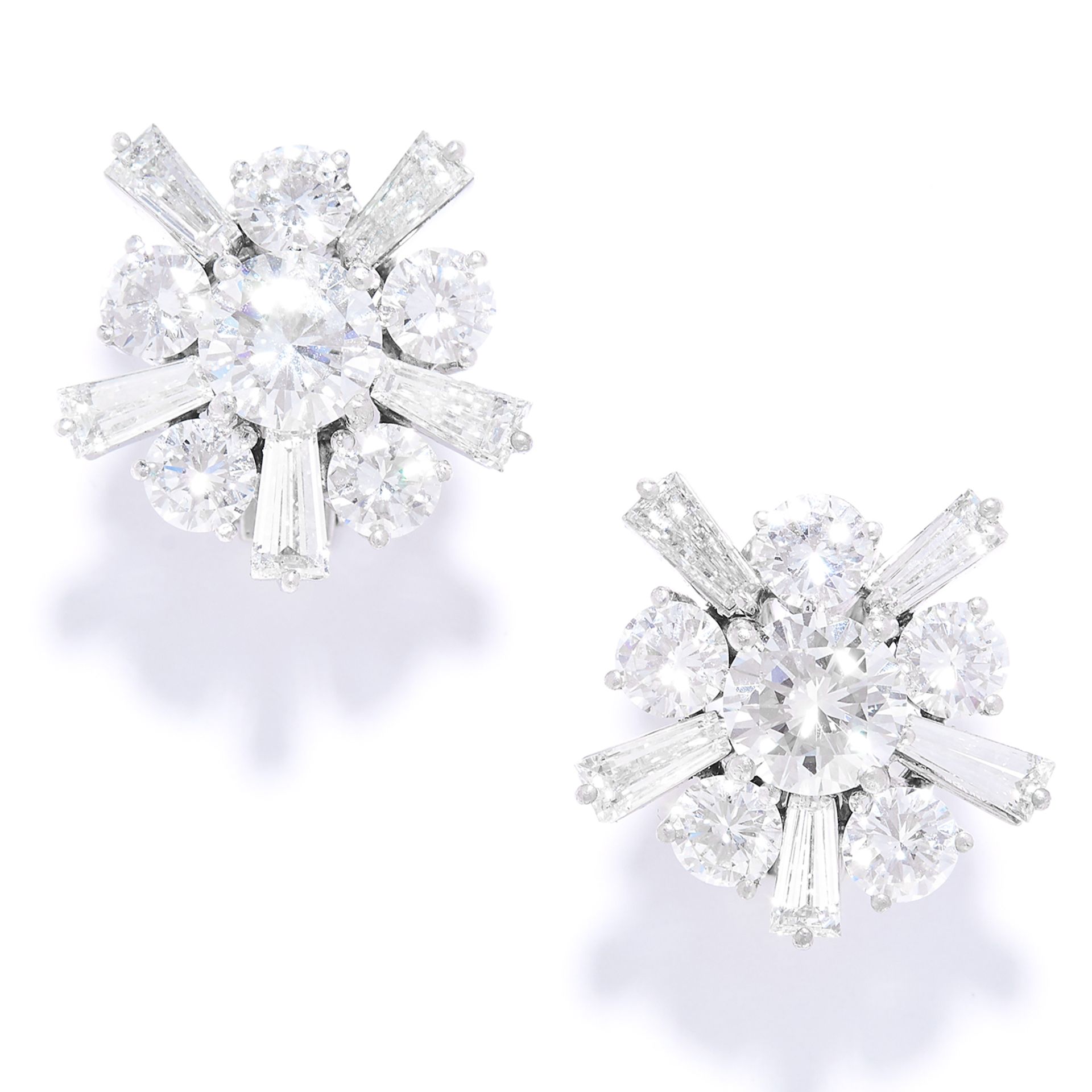 7.77 CARAT DIAMOND EARRINGS, KUTCHINSKY in 18ct white gold, set with round and baguette cut diamonds