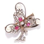 ANTIQUE RUBY, PEARL AND DIAMOND BROOCH, ASPREY in yellow gold, in clover motif, set with rose cut