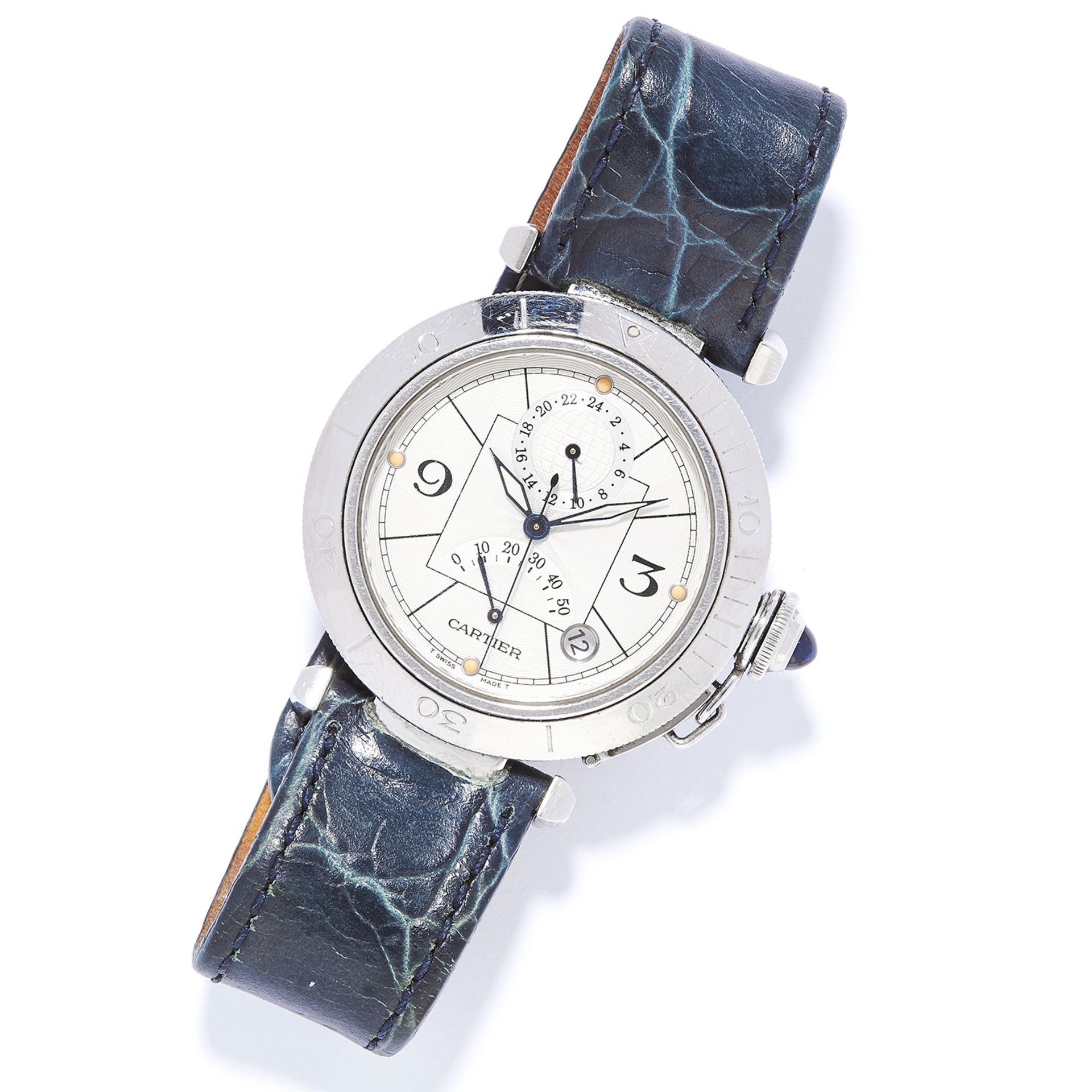 'PASHA DE CARTIER' MENS WATCH, CARTIER in steel, with white dial, on blue leather strap, signed
