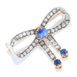 AN ANTIQUE SAPPHIRE AND DIAMOND BOW BROOCH in yellow gold, designed as a bow formed of rose cut