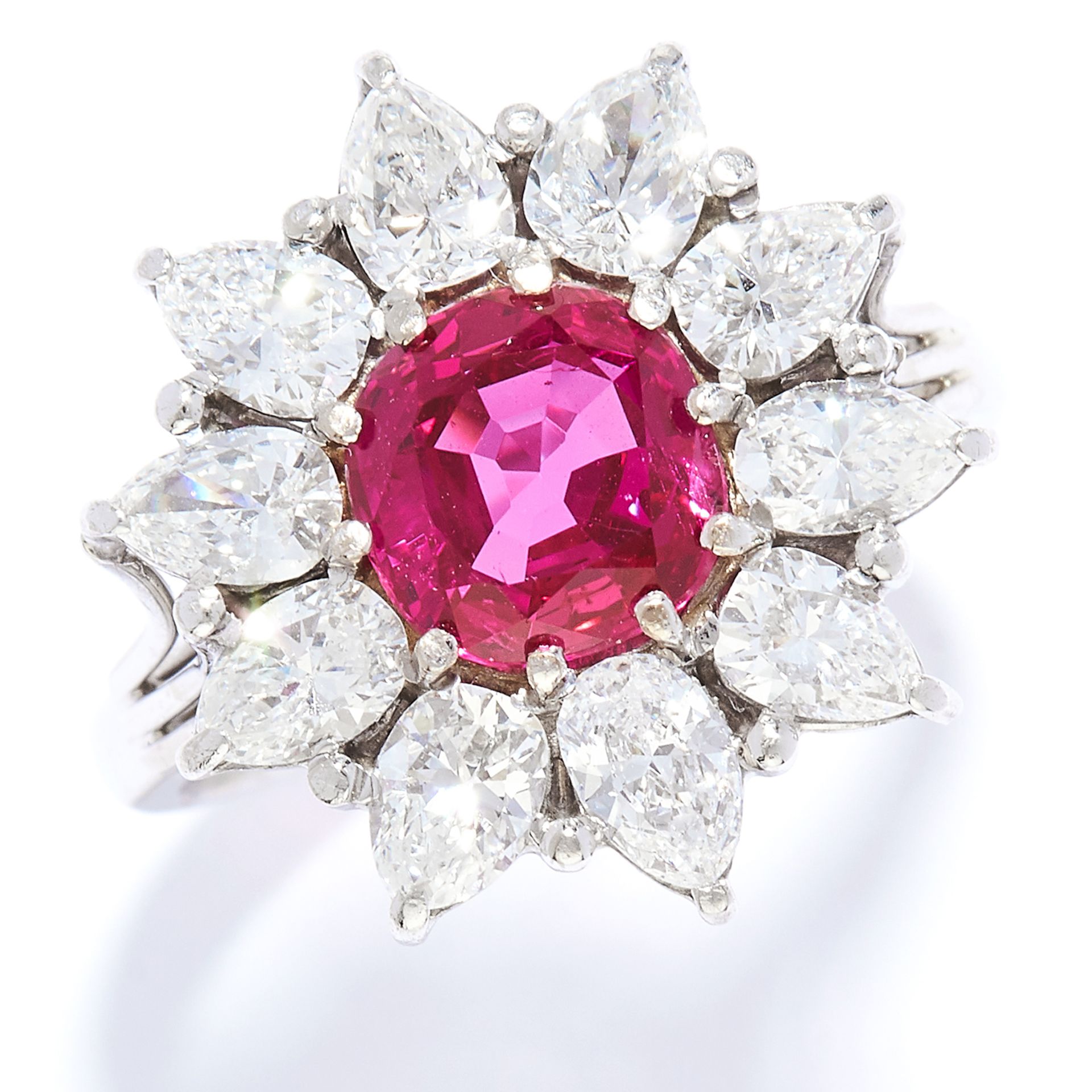 A 2.0 CARAT BURMA NO HEAT RUBY AND DIAMOND RING in 18ct white gold, the cushion cut ruby of