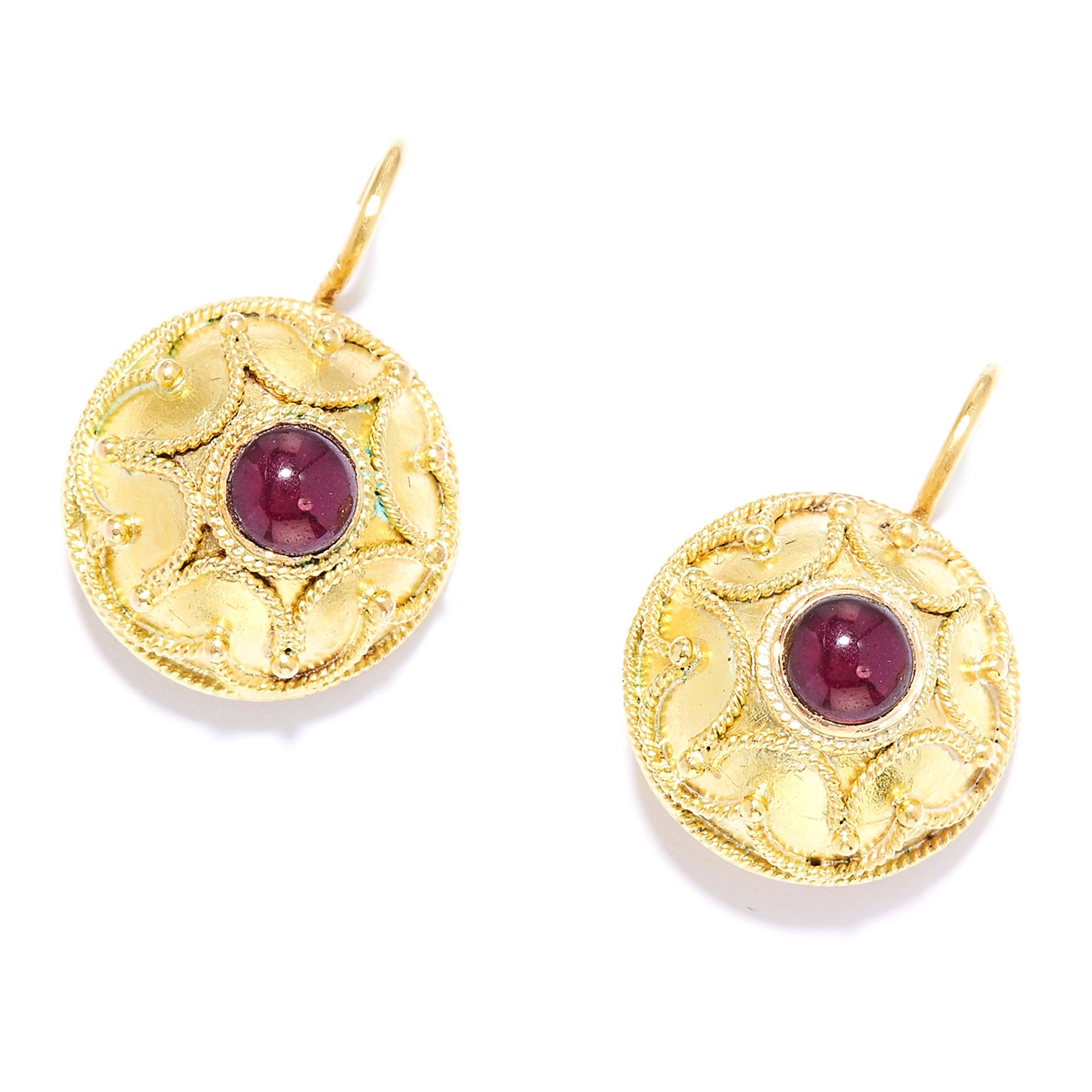 ANTIQUE GARNET EARRINGS in high carat yellow gold, each set with a cabochon garnet in filigree