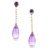 AMETHYST AND PEARL EARRINGS in yellow gold, each set with a cabochon amethyst suspending a pearl and