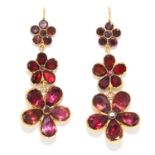 ANTIQUE GARNET DROP EARRINGS, 19TH CENTURY in yellow gold, each designed as a trio of tapering