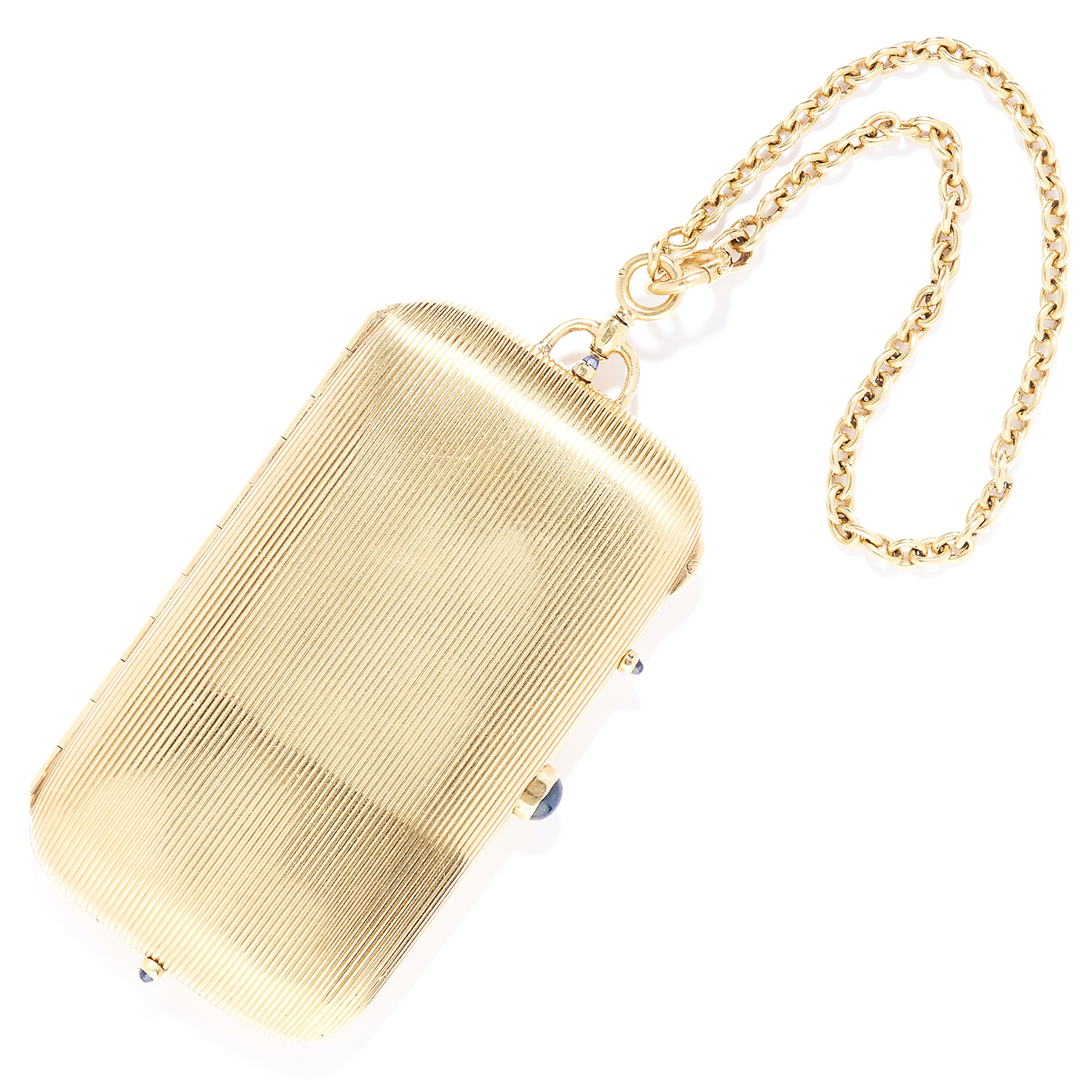 ANTIQUE SAPPHIRE COMPACT, CARTIER in 18ct yellow gold, in textured gold design with gold chain,