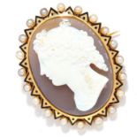 ANTIQUE CARVED CAMEO, PEARL AND ENAMEL BROOCH in high carat yellow gold, depicting a lady in a