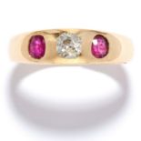 ANTIQUE RUBY AND DIAMOND THREE STONE RING in 18ct yellow gold, set with two cushion cut rubies and