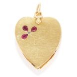 ANTIQUE RUBY CLOVER LOCKET PENDANT in high carat yellow gold, in heart form, set with three pear cut
