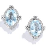 VINTAGE AQUAMARINE AND DIAMOND EARRINGS in 18ct white gold, each comprising of an oval cut