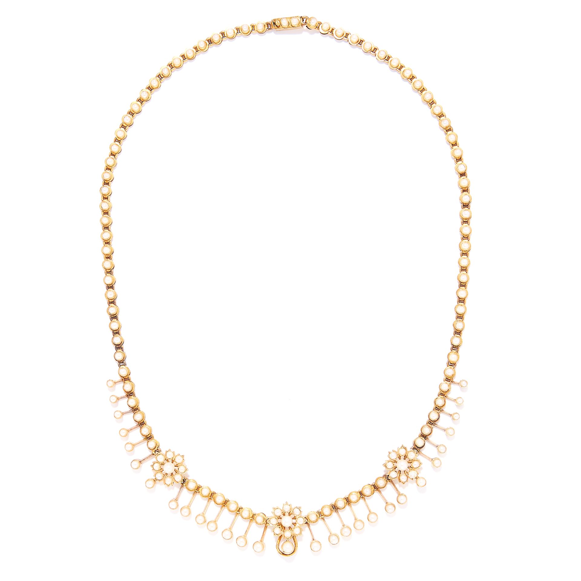 ANTIQUE PEARL NECKLACE in high carat yellow gold, set with seed pearls in foliate fringe design,