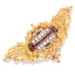 GARNET AND PEARL BROOCH in yellow gold, set with alternating rows of rose cut garnets and seed