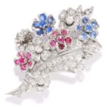 VINTAGE RUBY, SAPPHIRE AND DIAMOND FLOWER SPRAY BROOCH in palladium, depicting a bouquet of