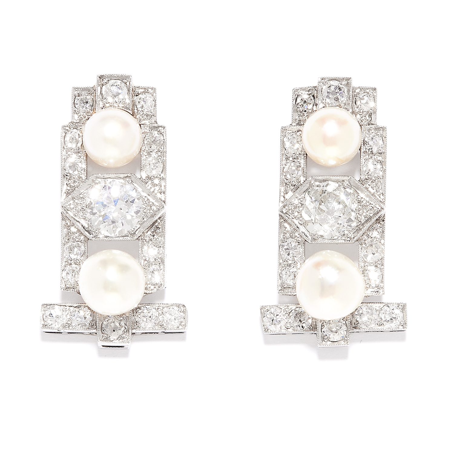 ANTIQUE ART DECO DIAMOND AND PEARL EARRINGS in 18ct white gold, in Art Deco style, each set with a