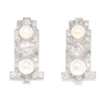 ANTIQUE ART DECO DIAMOND AND PEARL EARRINGS in 18ct white gold, in Art Deco style, each set with a
