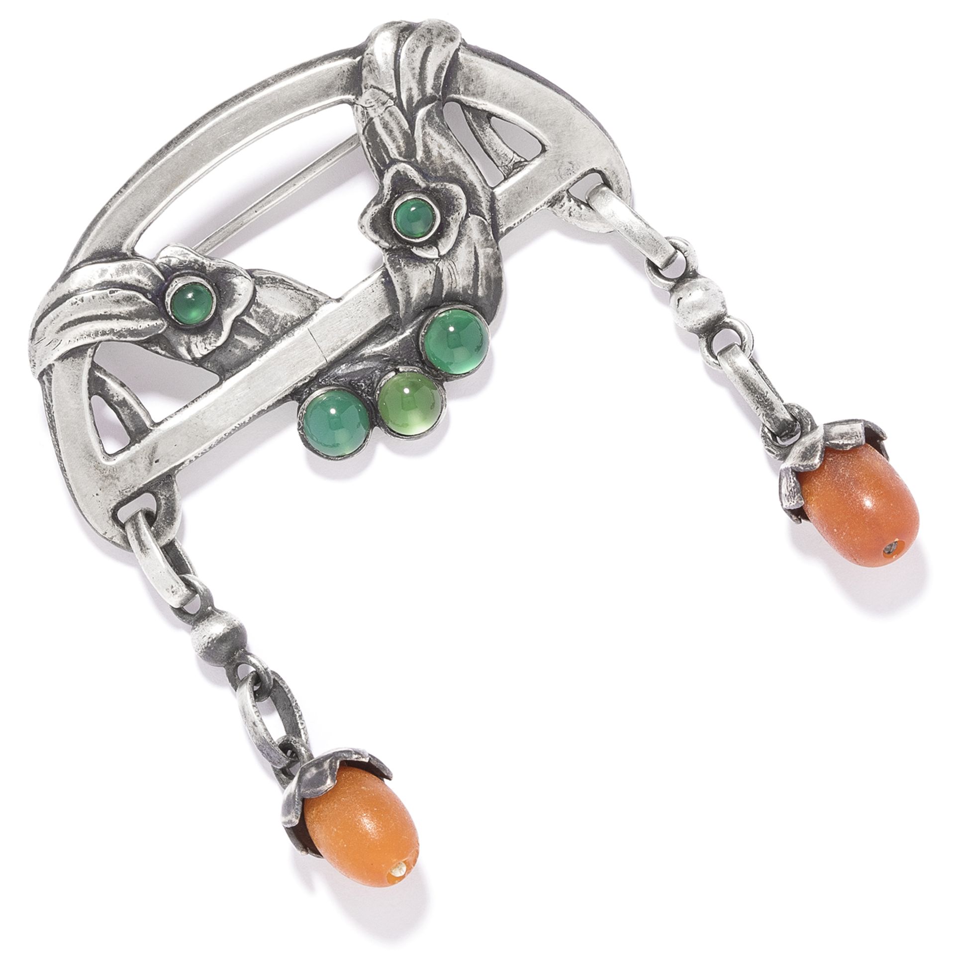 ANTIQUE AMBER AND GREEN AGATE BROOCH, GEORG JENSEN in silver, with cabochon green agate and