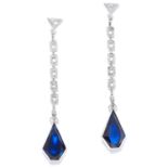 SAPPHIRE AND DIAMOND EARRINGS in 18ct white gold, each set with round cut diamonds suspending a