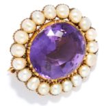 ANTIQUE AMETHYST AND PEARL BROOCH in high carat yellow gold, set with an oval cut amethyst in a