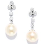 PEARL AND DIAMOND DROP EARRINGS in 18ct white gold or platinum, set with a row of round cut diamonds